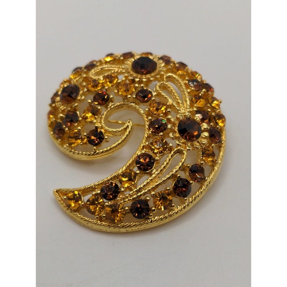 Vintage MJENT Gold Tone Brooch With Brown And Gold Crystal Crescent Circle Shape - Picture 6 of 13